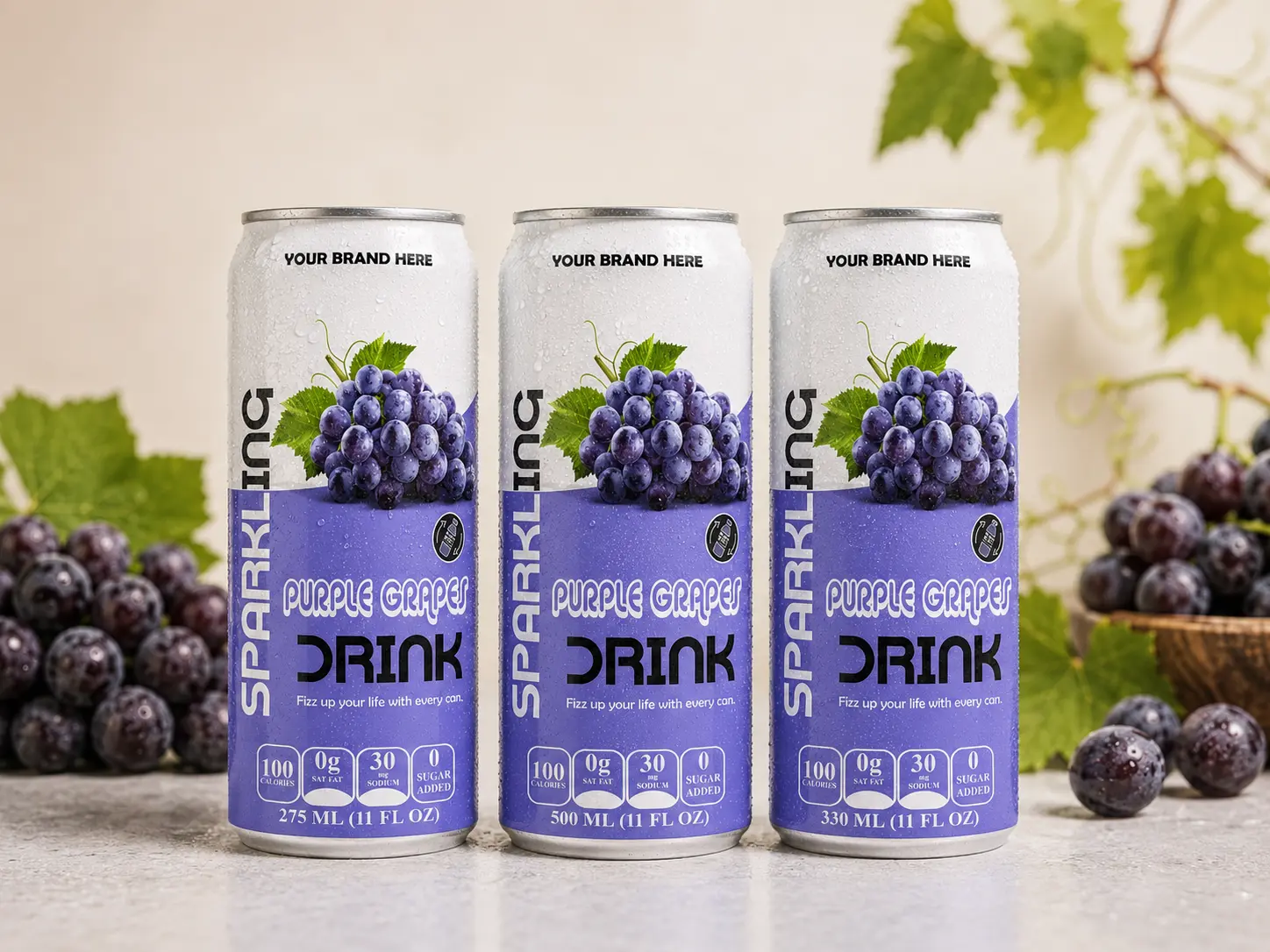 SPARKLING DRINK Purple Grapes Flavored Drink in 275ml, 500ml, and 330ml cans.